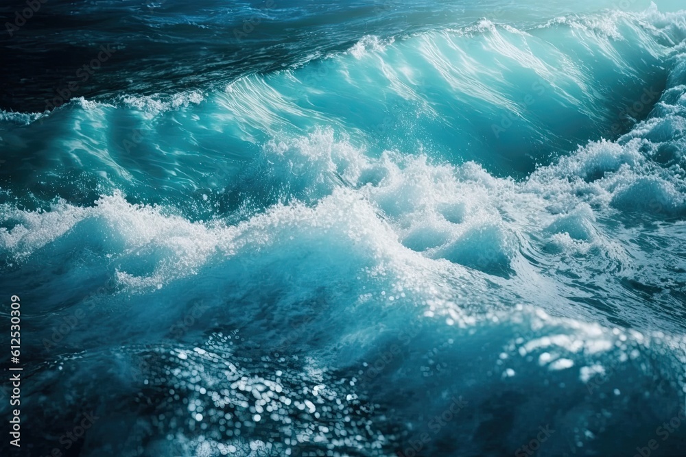 close-up view of a powerful ocean wave crashing down. Generative AI