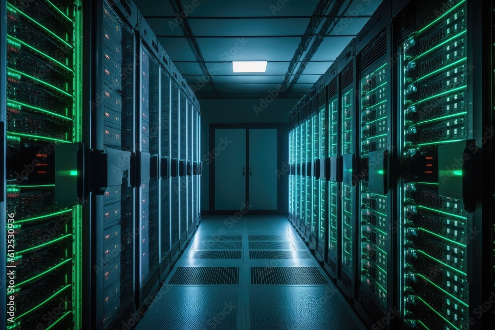 Data Center Hallway with Rows of Servers. Generative AI