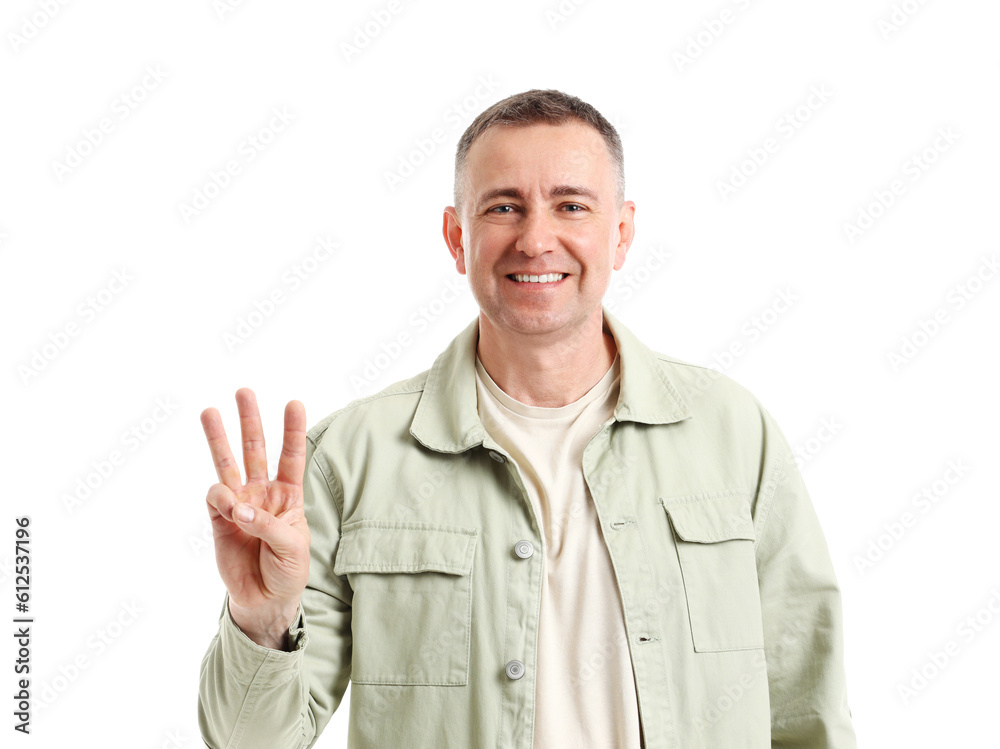 Mature man showing three fingers on white background