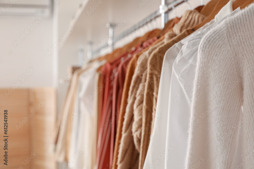 Stylish female clothes hanging in boutique, closeup