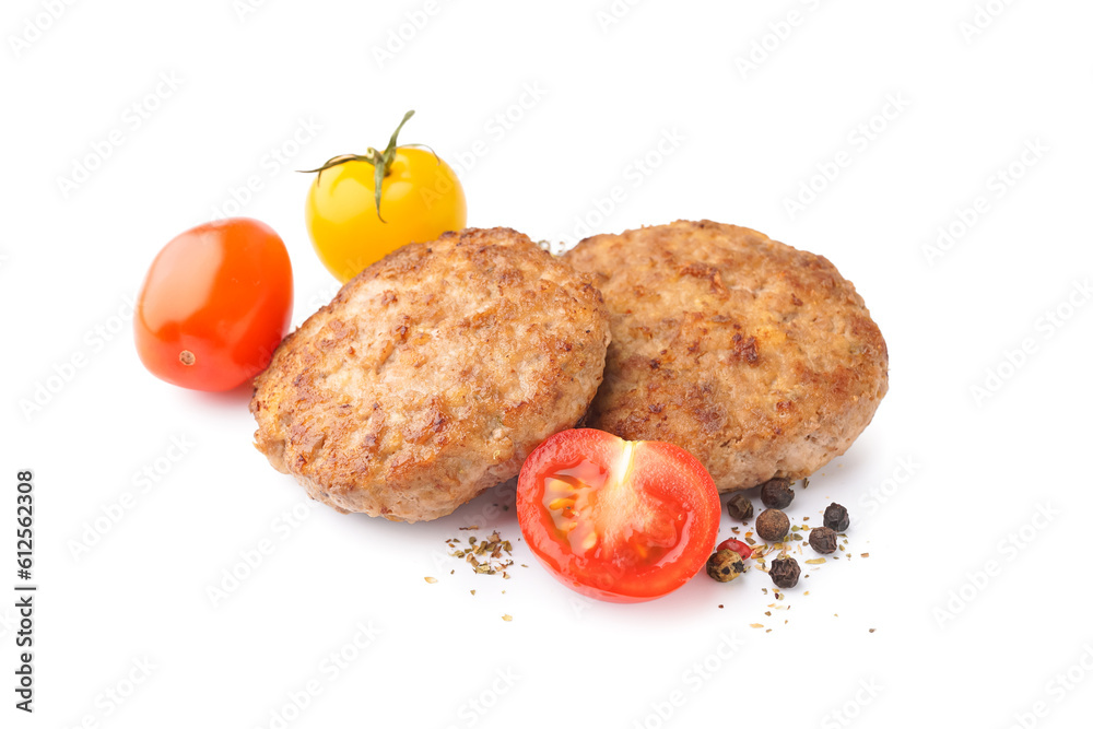 Tasty meat cutlets with fresh tomatoes on white background