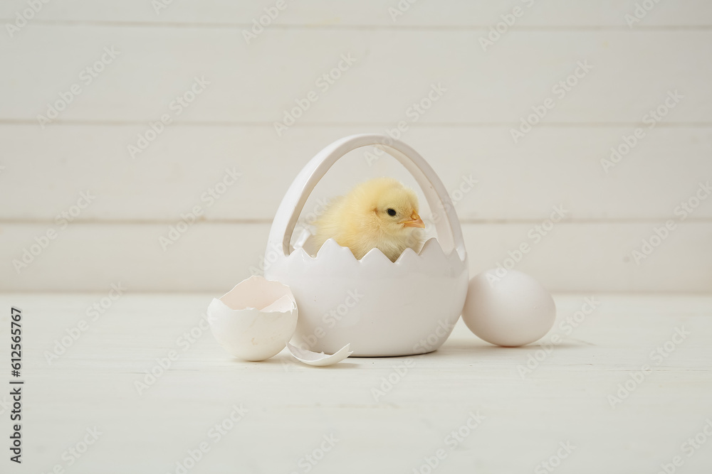 Basket with cute little chick and egg on white table