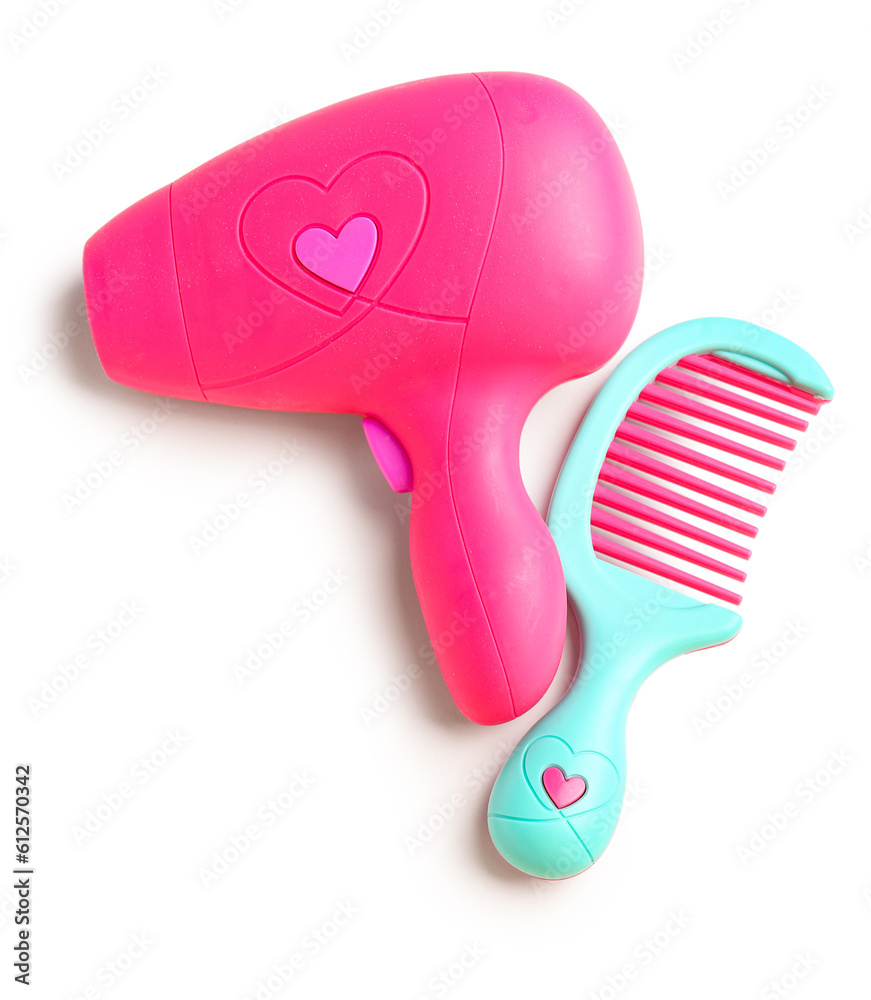 Cute hair comb with dryer isolated on white background. Childrens Day celebration