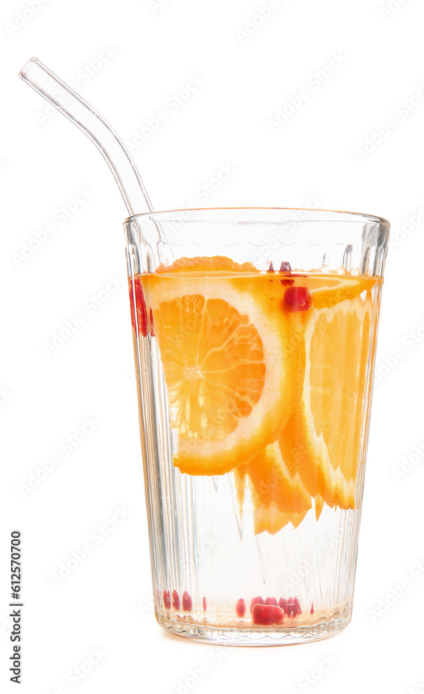 Glass of infused water with orange slices on white background