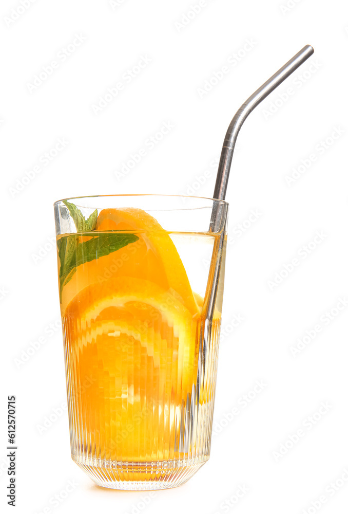 Glass of infused water with orange slices on white background