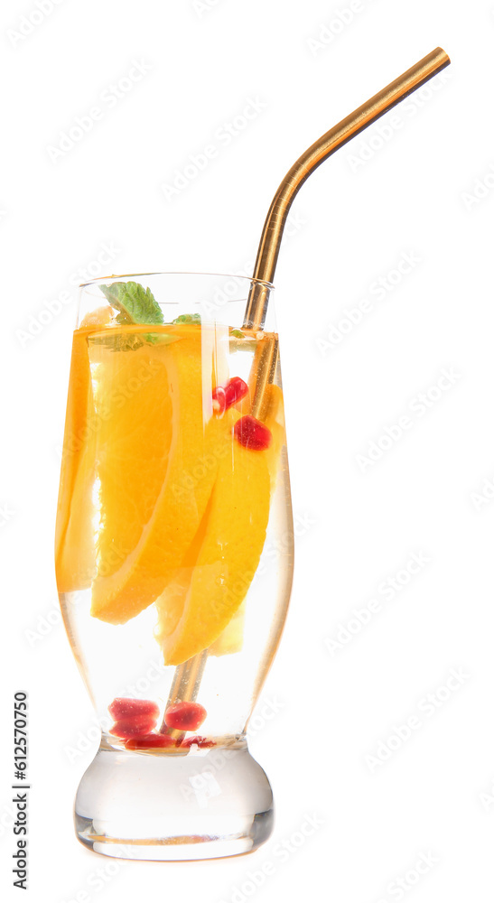 Glass of infused water with orange slices on white background