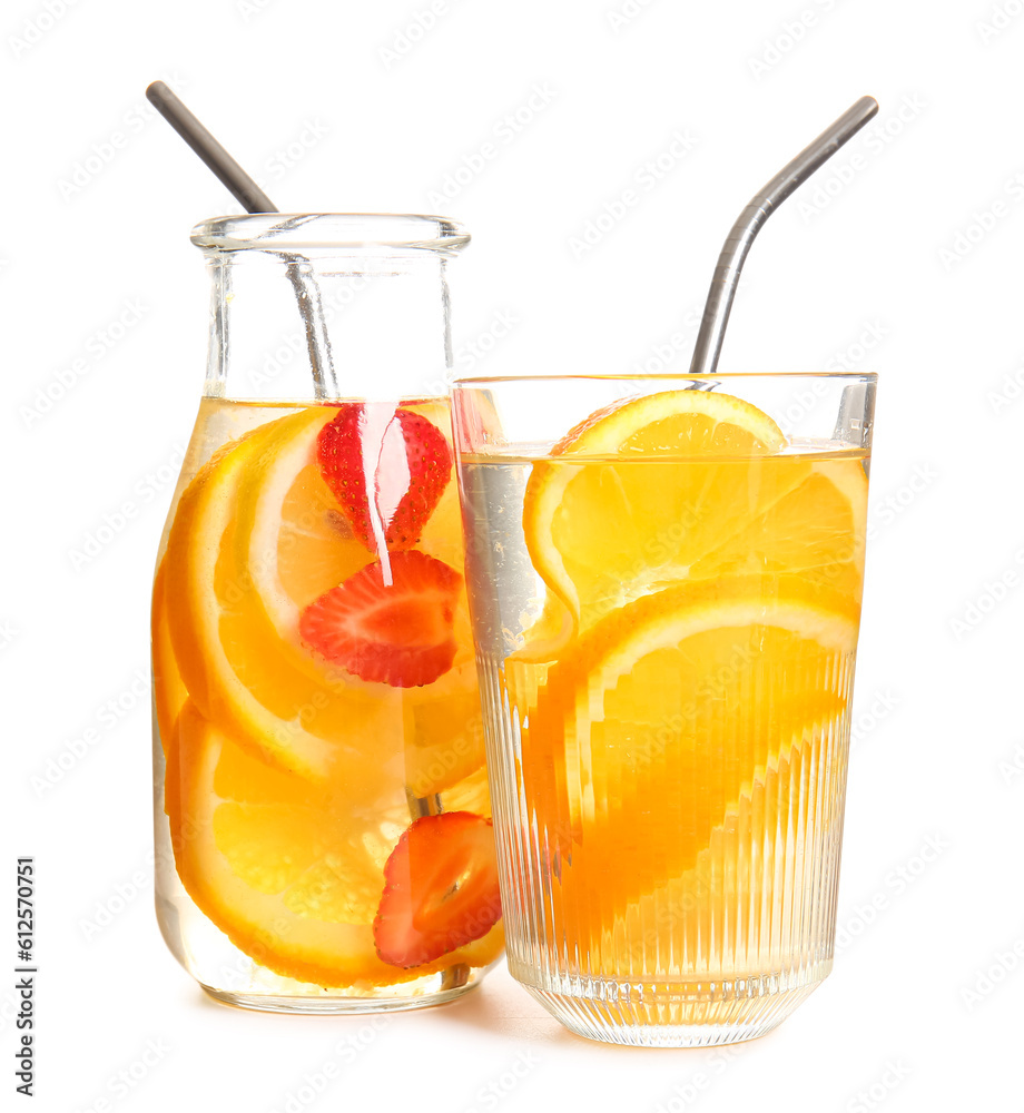 Glass and bottle of infused water with orange slices on white background