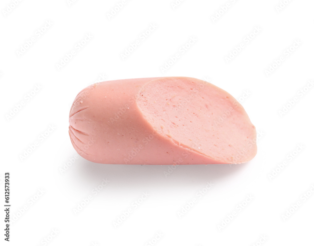 Slice of tasty thin sausage on white background