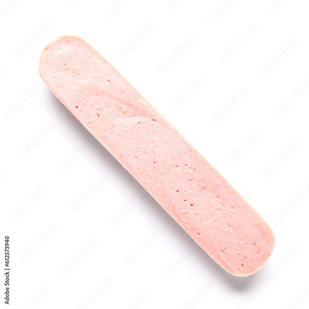 Slice of tasty thin sausage on white background