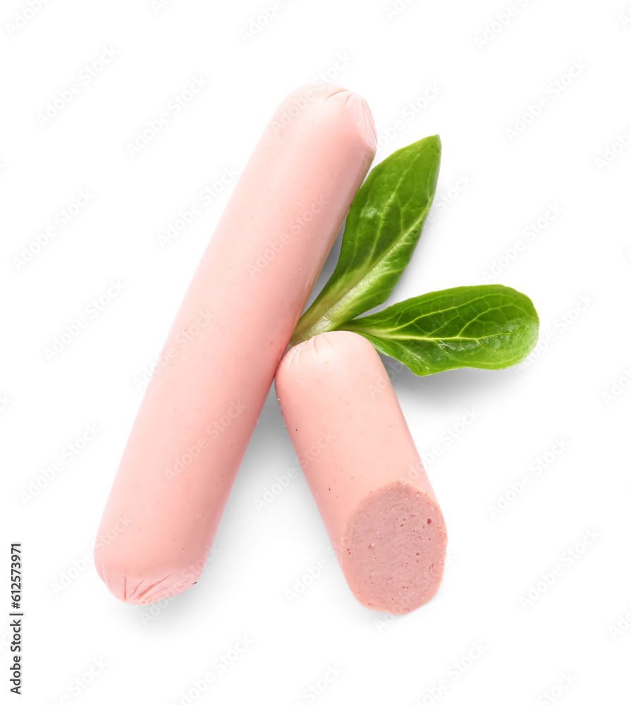 Tasty thin sausages with spinach on white background