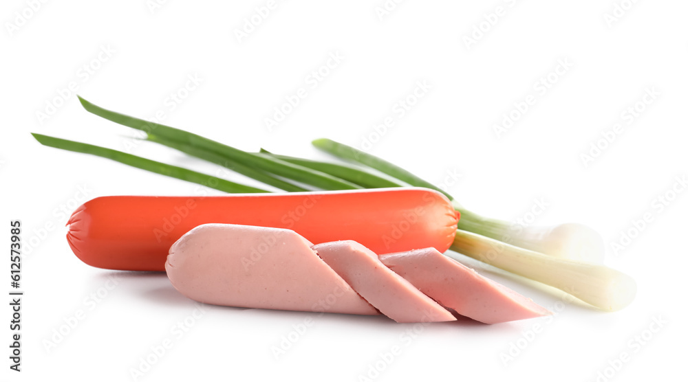 Tasty thin sausages with green onion on white background