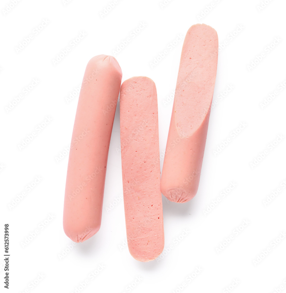 Tasty thin sausages on white background