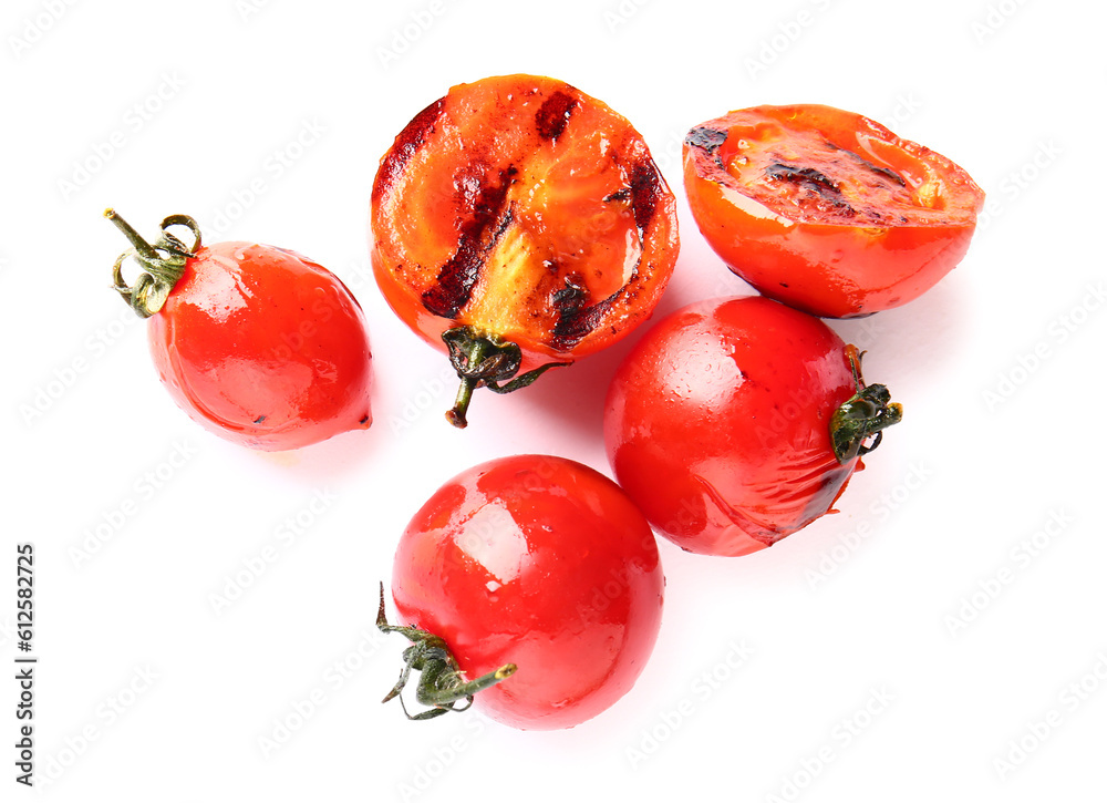 Tasty grilled tomatoes on white background