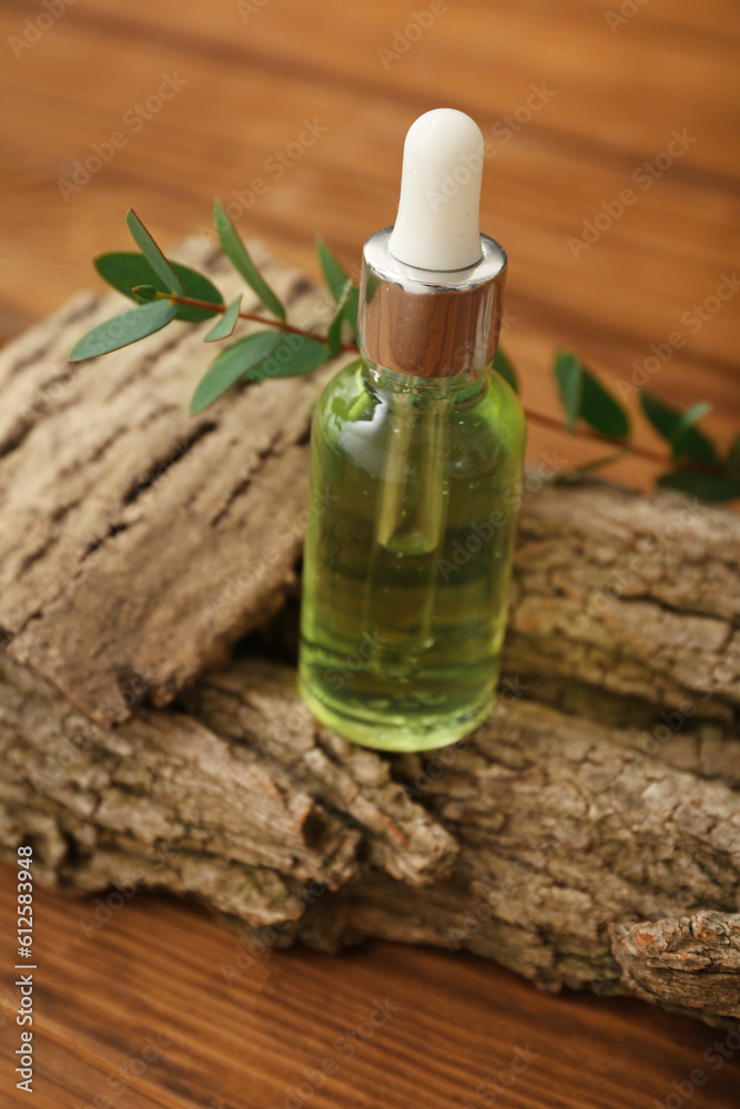 Bottle of essential oil, tree bark and eucalyptus branch on wooden background, closeup