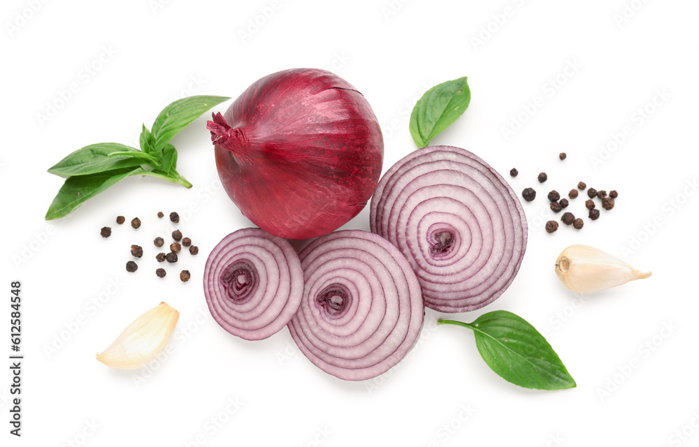 Fresh onion and spices on white background