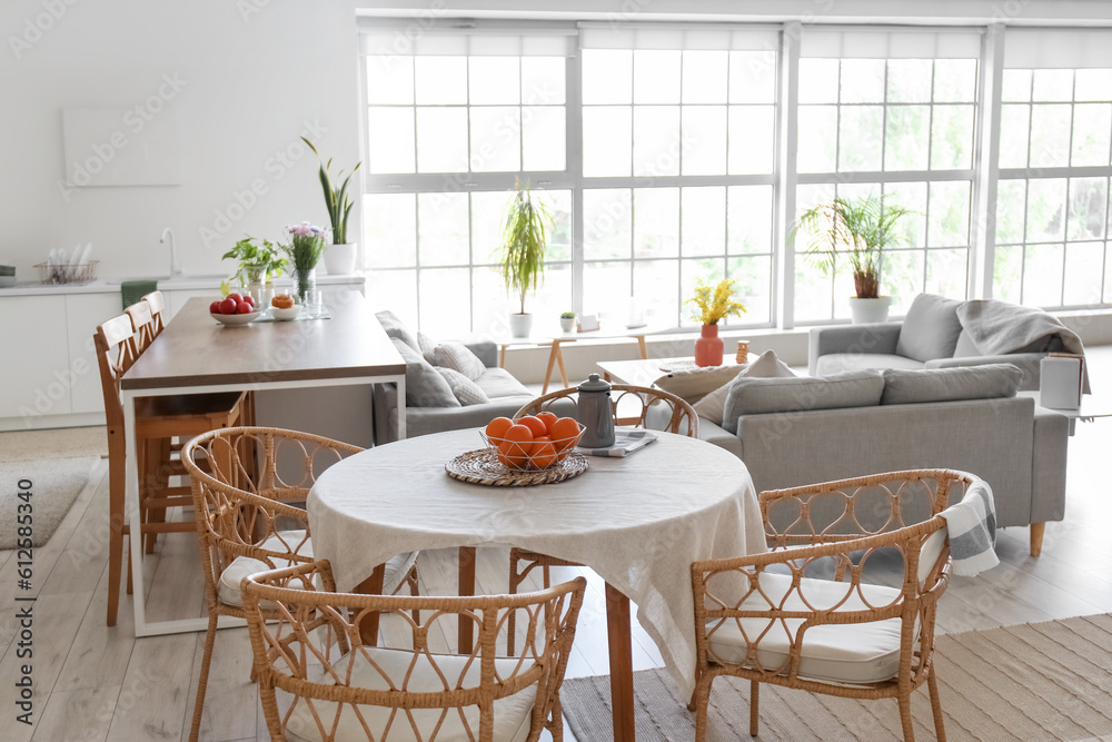 Interior of light open space studio apartment with kitchen and living room