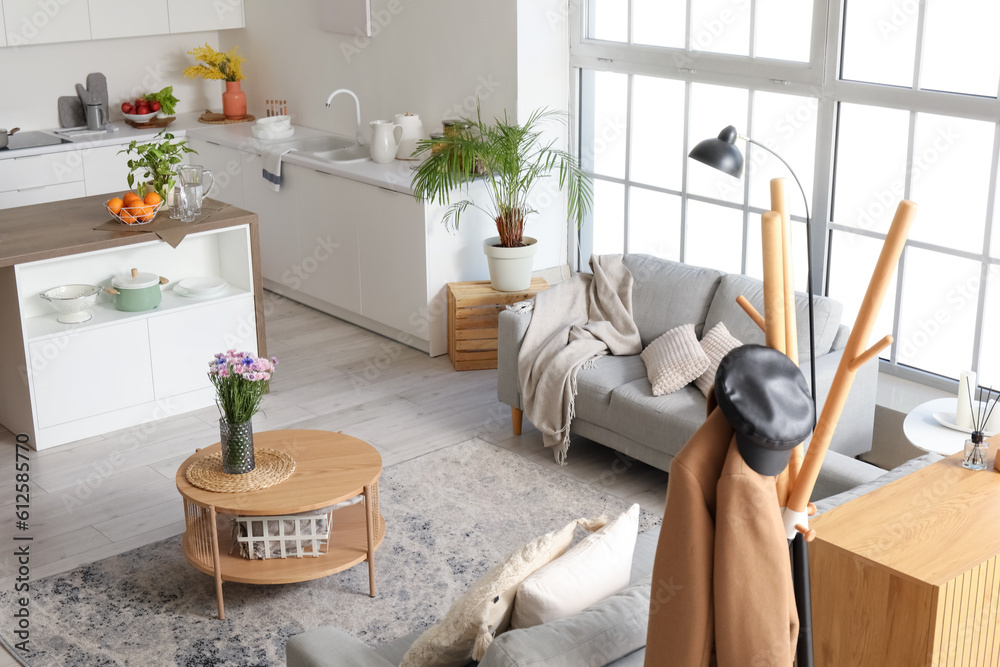 Interior of light open plan kitchen with coffee table and grey sofa