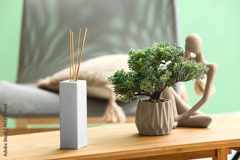 Bottle of reed diffuser and houseplant on table