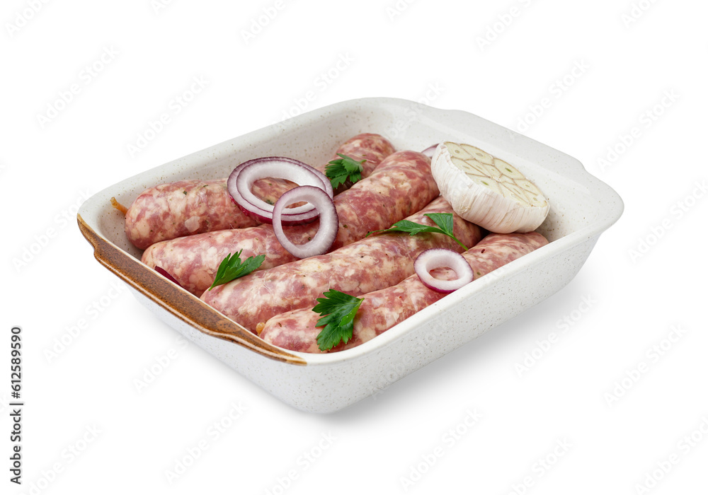 Baking dish with raw fresh sausages and spices on white background