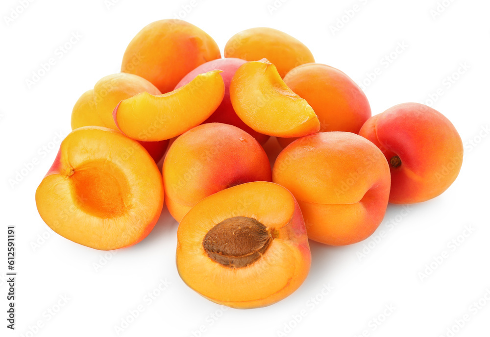 Heap of ripe apricots isolated on white background