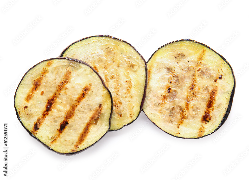 Tasty grilled eggplant slices on white background