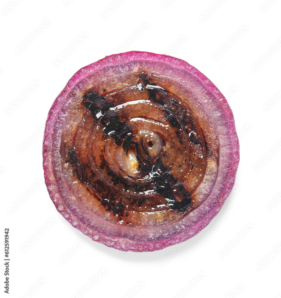 Tasty grilled onion slices on white background