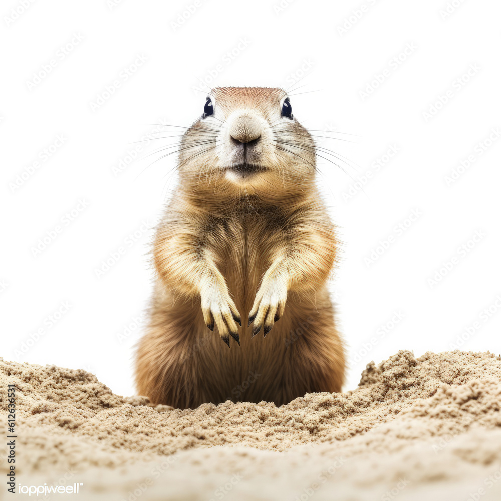 Prairie Dog (Cynomys) sitting upright, peering out burrow