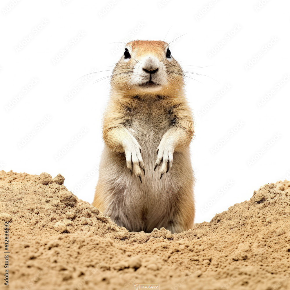 Prairie Dog (Cynomys) sitting upright, peering out burrow