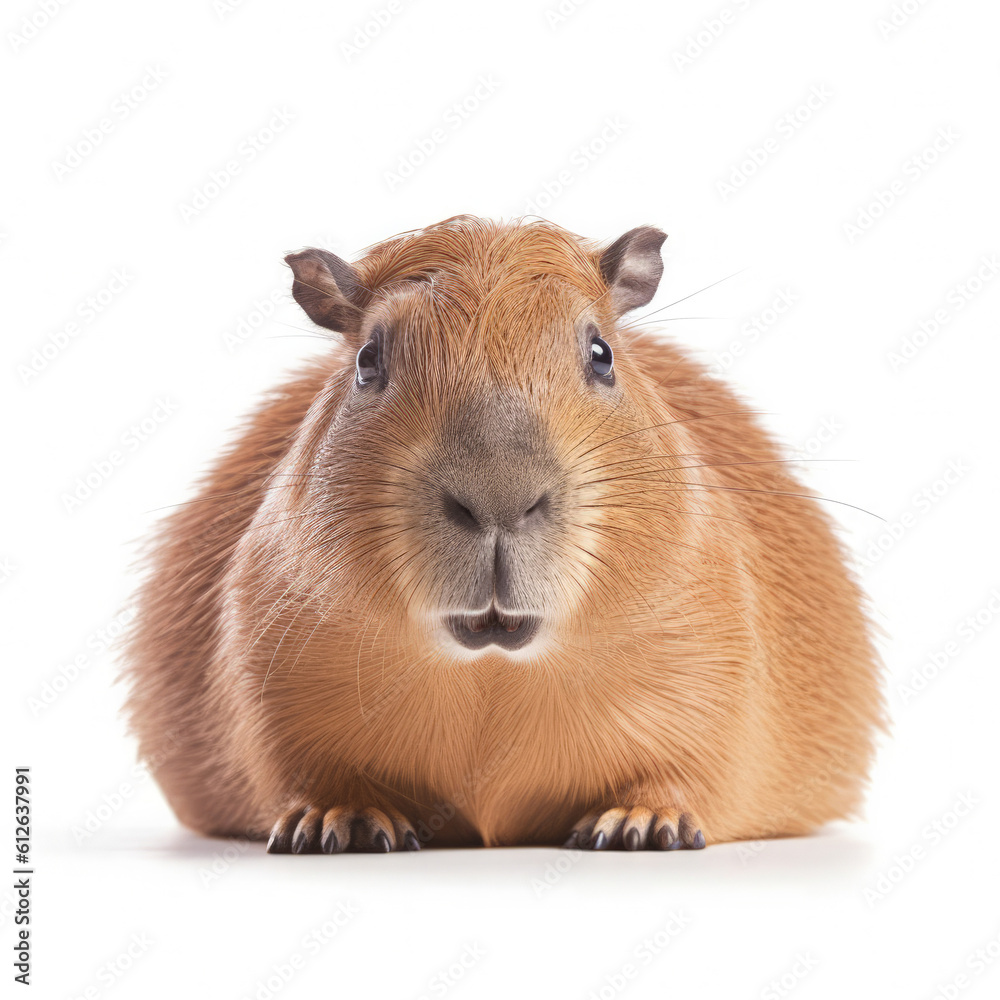 Capybara (Hydrochoerus hydrochaeris) lying on its side, looking at camera