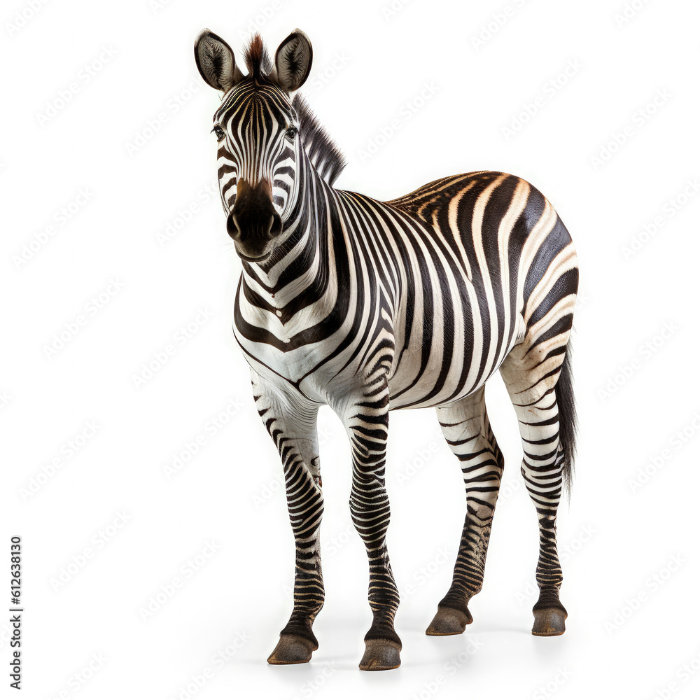 Zebra (Equus quagga) standing, looking camera, distinctive stripes