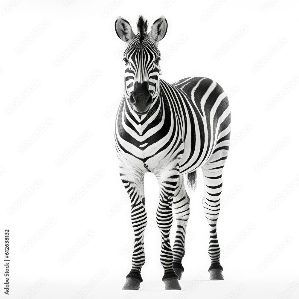 Zebra (Equus quagga) standing, looking camera, distinctive stripes