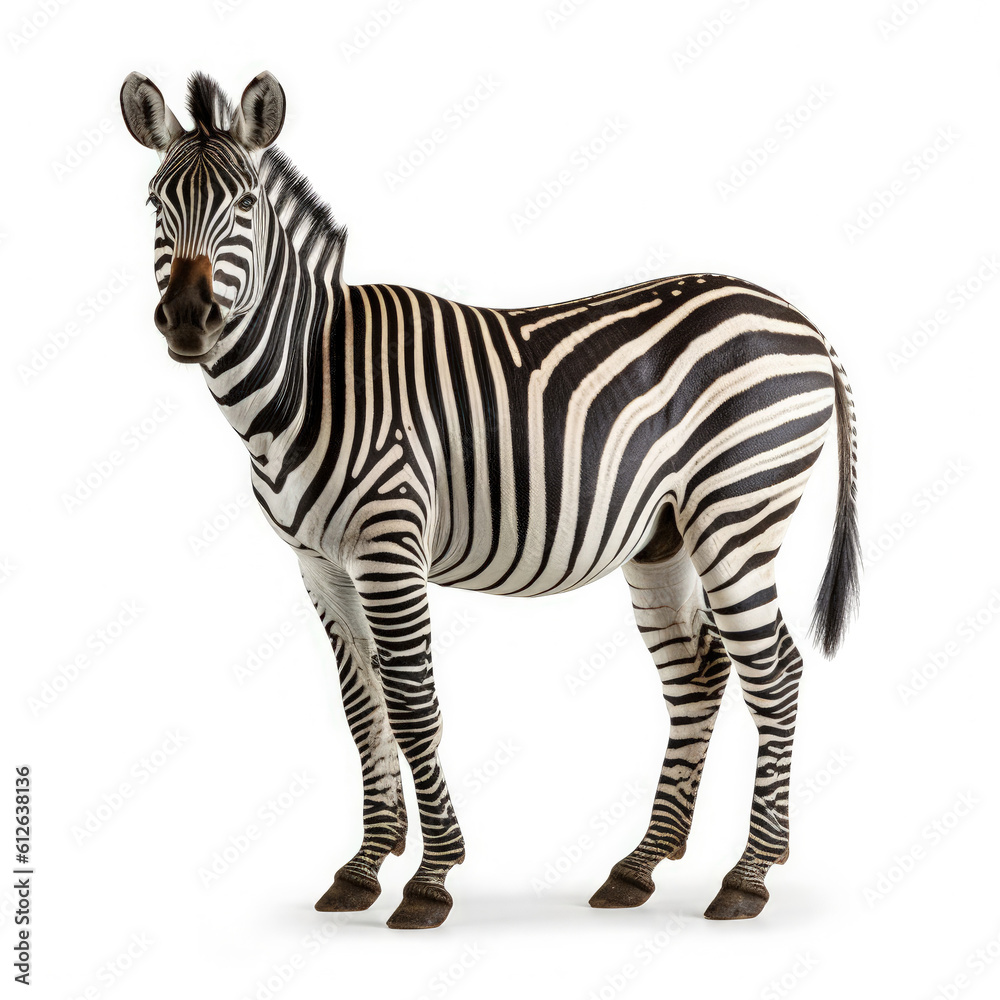 Zebra (Equus quagga) standing, looking camera, distinctive stripes