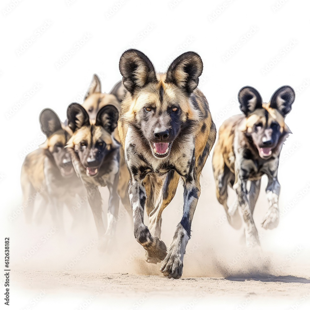 African Wild Dog (Lycaon pictus) running with pack