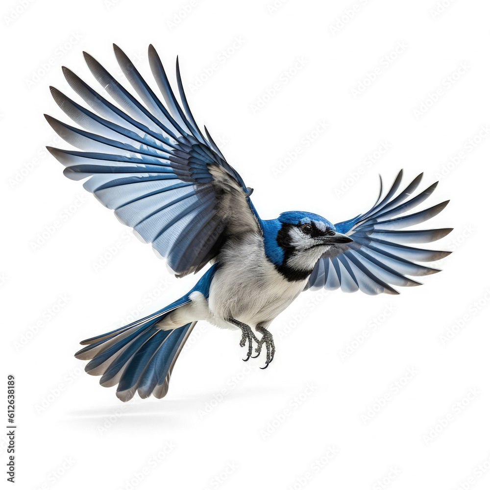 Blue Jay (Cyanocitta cristata) in mid-flight, wings spread wide