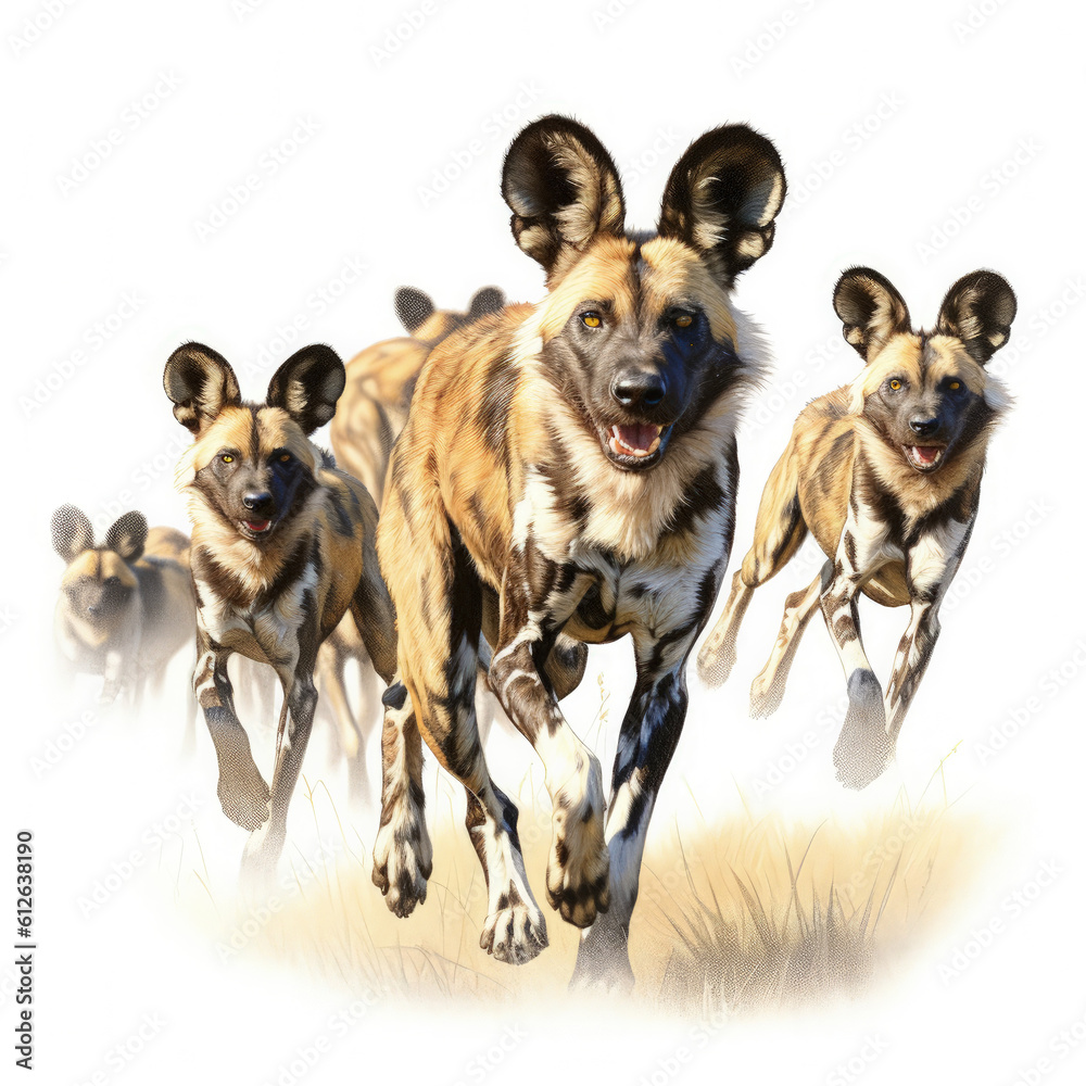 African Wild Dog (Lycaon pictus) running with pack