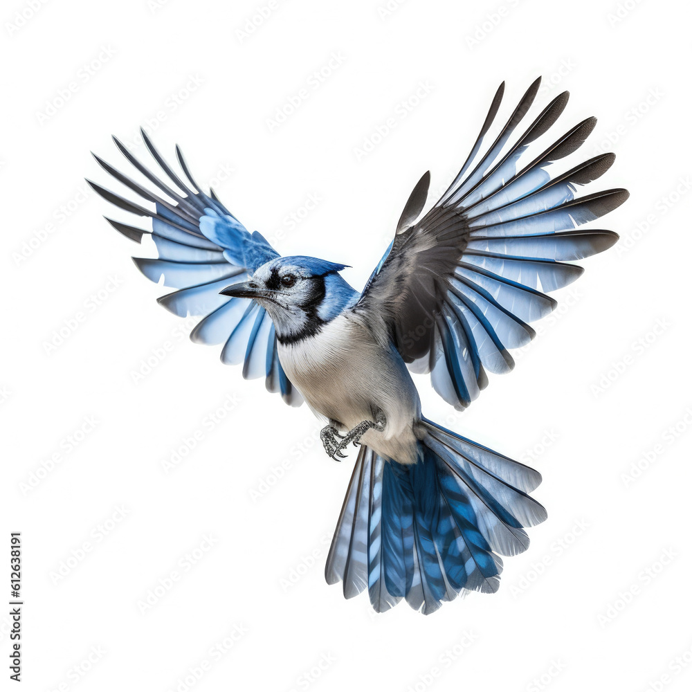 Blue Jay (Cyanocitta cristata) in mid-flight, wings spread wide