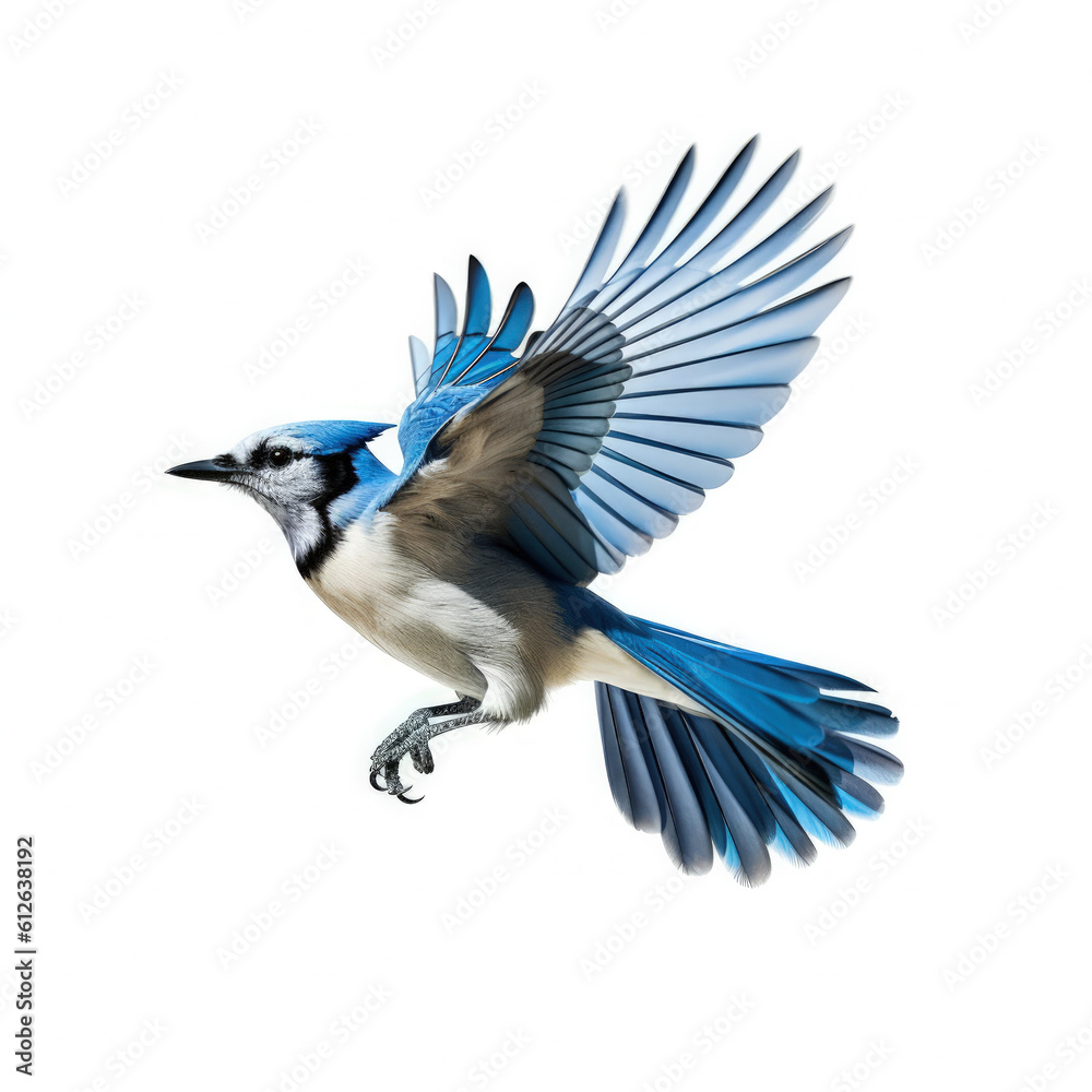 Blue Jay (Cyanocitta cristata) in mid-flight, wings spread wide