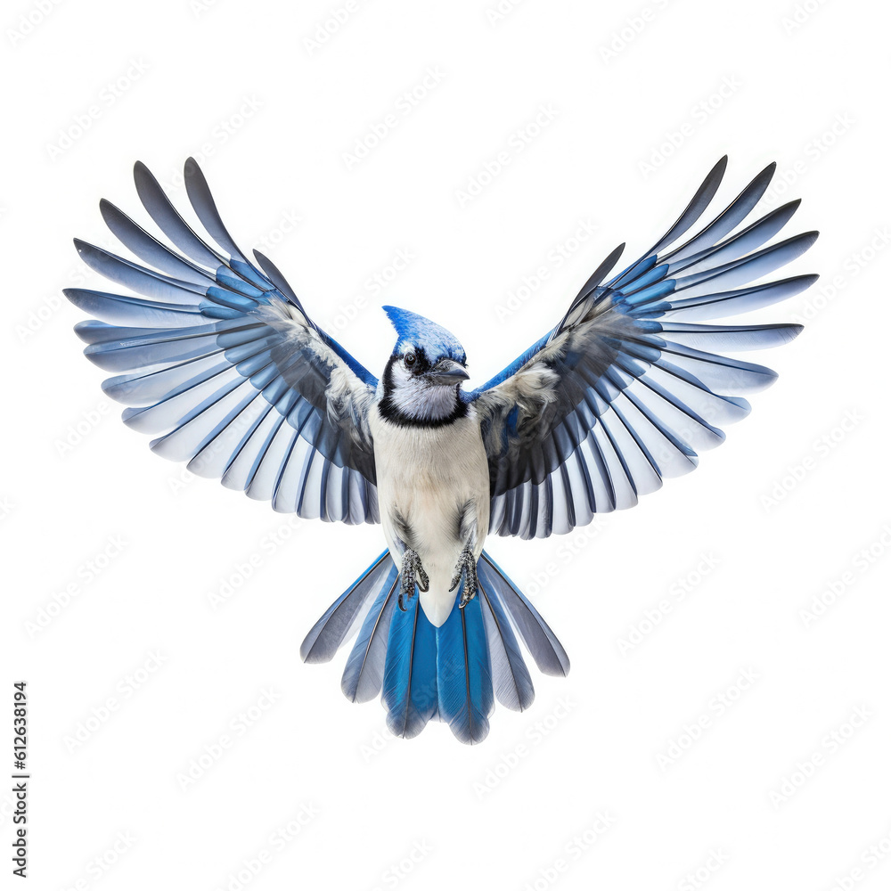 Blue Jay (Cyanocitta cristata) in mid-flight, wings spread wide