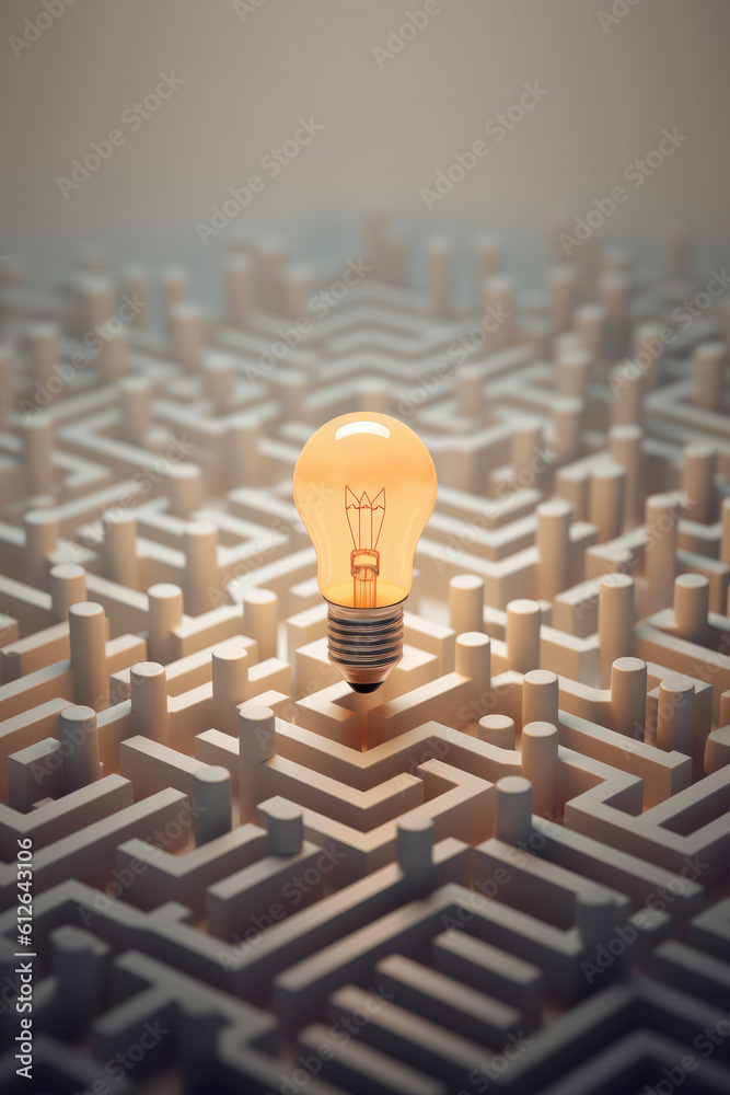 Conceptual creative thinking process, finding solutions  with a light bulb on top of a maze. Generat