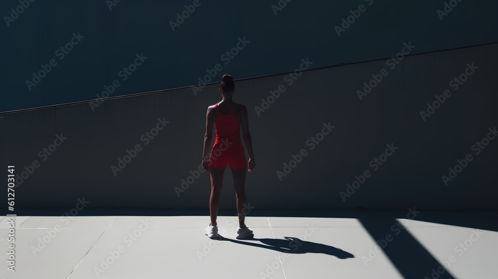 Minimalistic scene with the silhouette of an athlete and dramatic hard shadows. This composition sym