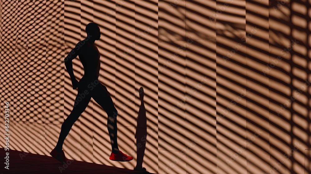 Minimalistic scene with the silhouette of an athlete and dramatic hard shadows. This composition sym