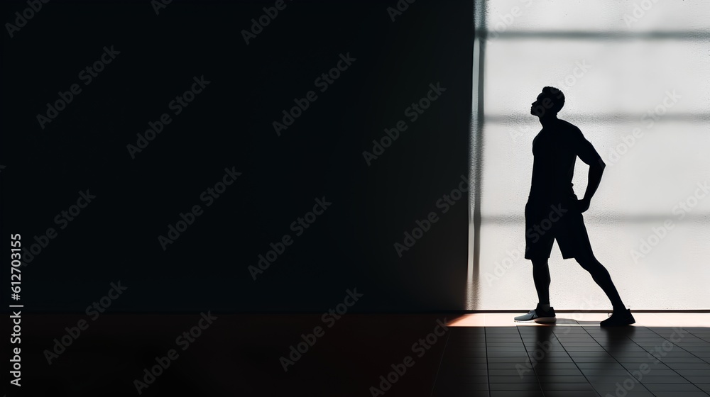 Minimalistic scene with the silhouette of an athlete and dramatic hard shadows. This composition sym