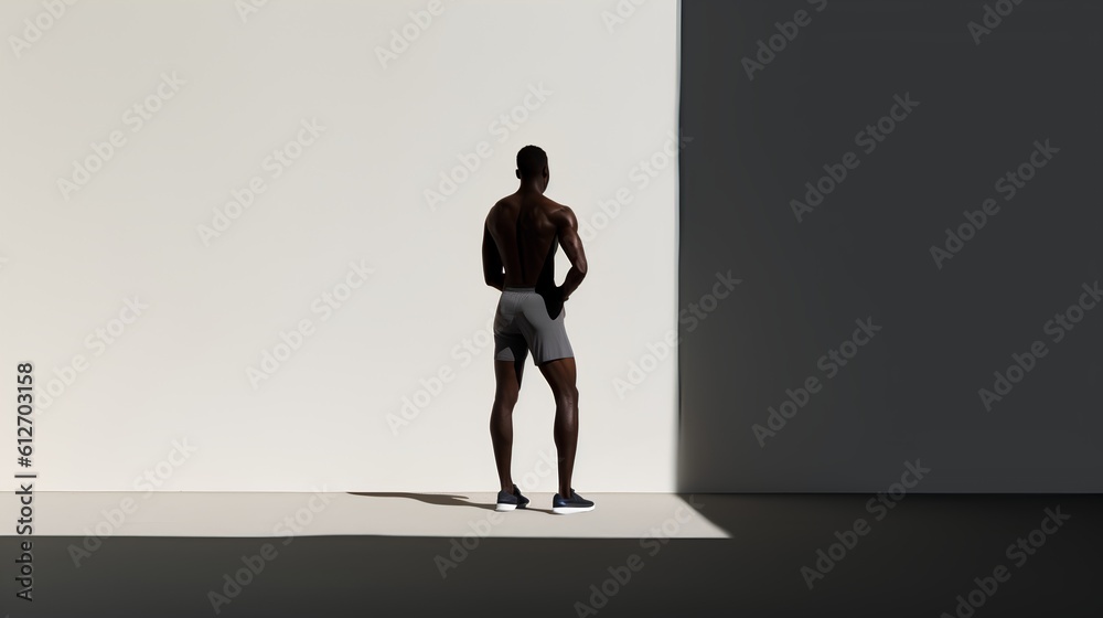 Minimalistic scene with the silhouette of an athlete and dramatic hard shadows. This composition sym