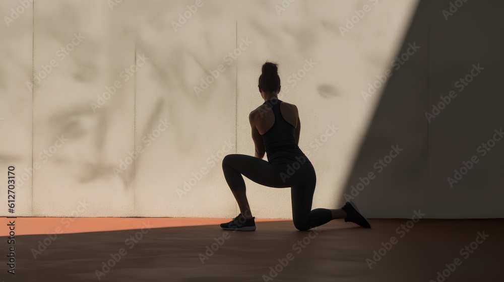 Minimalistic scene with the silhouette of an athlete and dramatic hard shadows. This composition sym