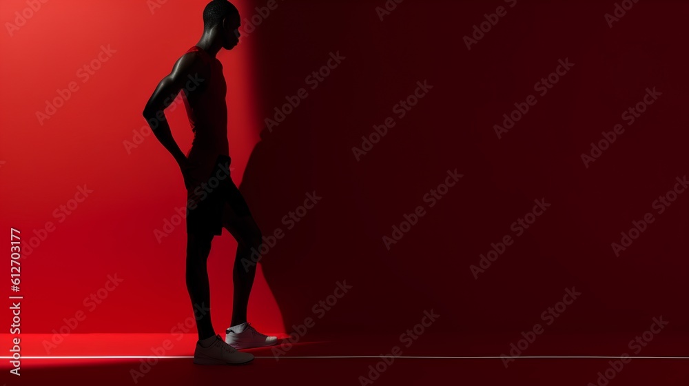 Minimalistic scene with the silhouette of an athlete and dramatic hard shadows. This composition sym