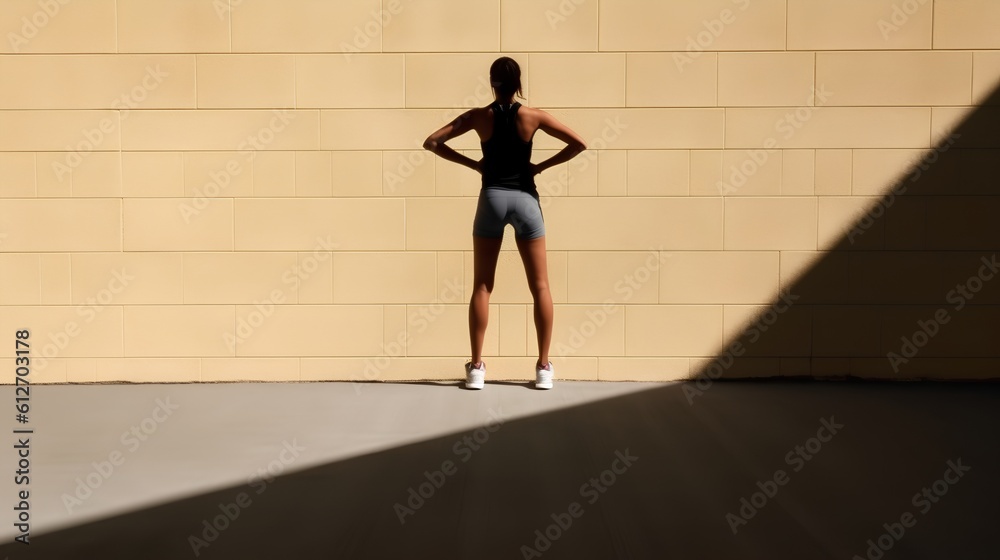 Minimalistic scene with the silhouette of an athlete and dramatic hard shadows. This composition sym