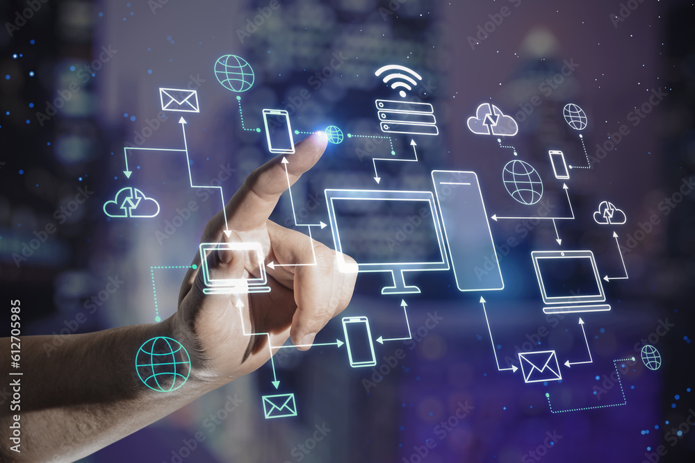 Cloud service technology concept with man finger on virtual touch screen with digital computer and e