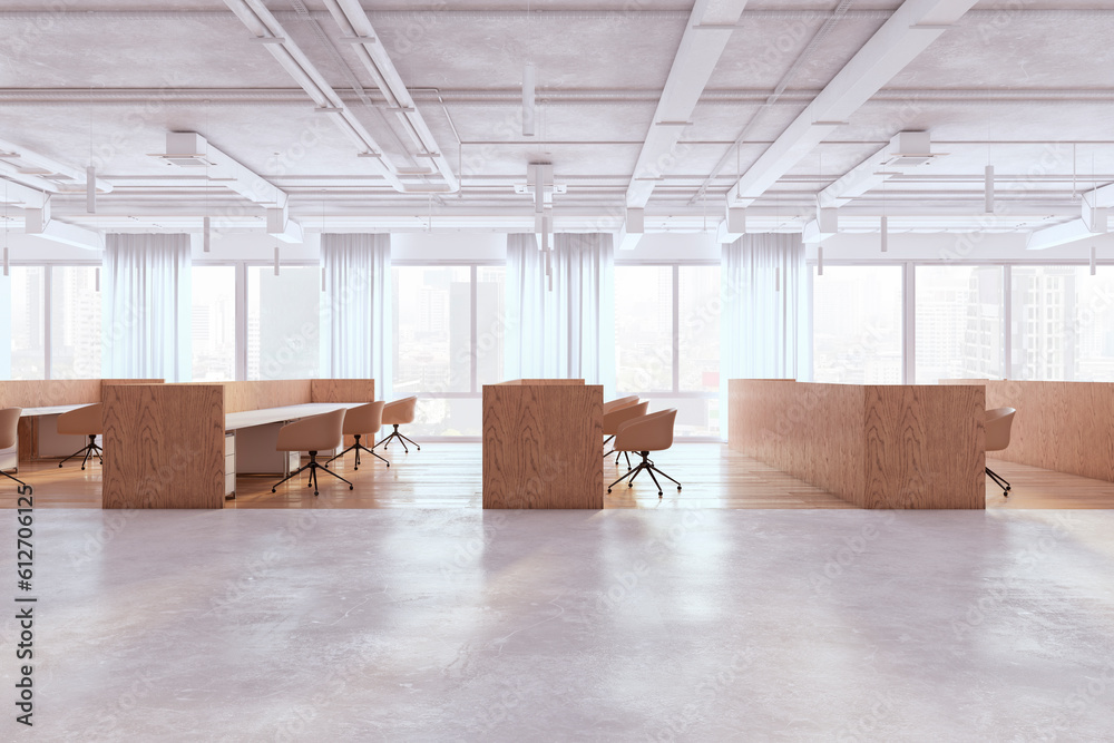 New bright concrete and wooden coworking office interior with panoramic windows and daylight. 3D Ren