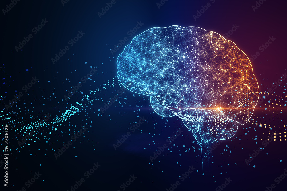 Digital human brain illustration on dark blue background, artificial intelligence and futuristic tec