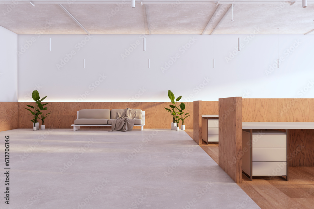 Contemporary concrete and wooden coworking office interior with daylight. 3D Rendering.